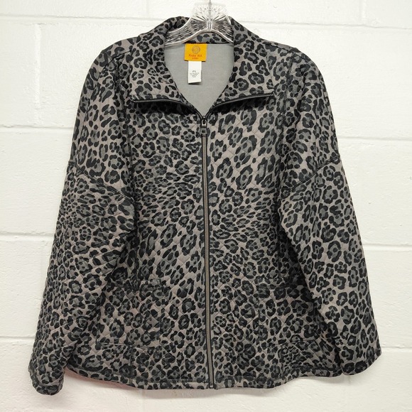 Ruby Rd. Tops - Ruby Rd. Petite Quilted Black Animal Print Full Zip Pocket Shirt Jacket LARGE